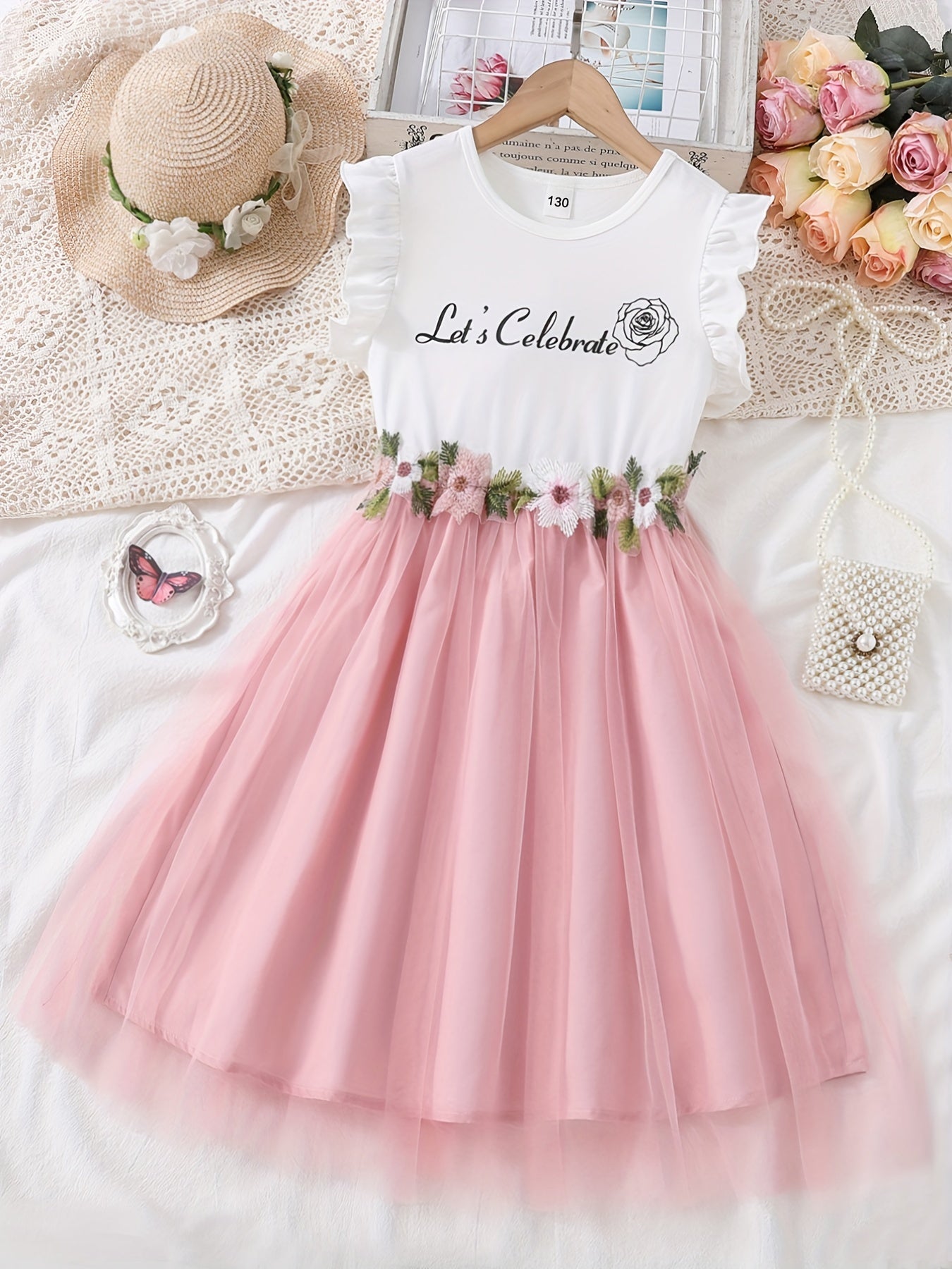 Girls Floral Print Ruffle Trim Mesh Overlay Dress