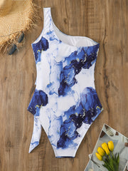Marble Print One Shoulder Tie Front One Piece Bathing Suit
