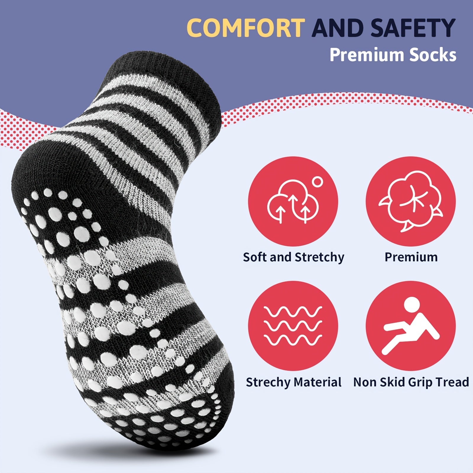 Kids Non Slip Striped Crew Socks, 5 Pairs