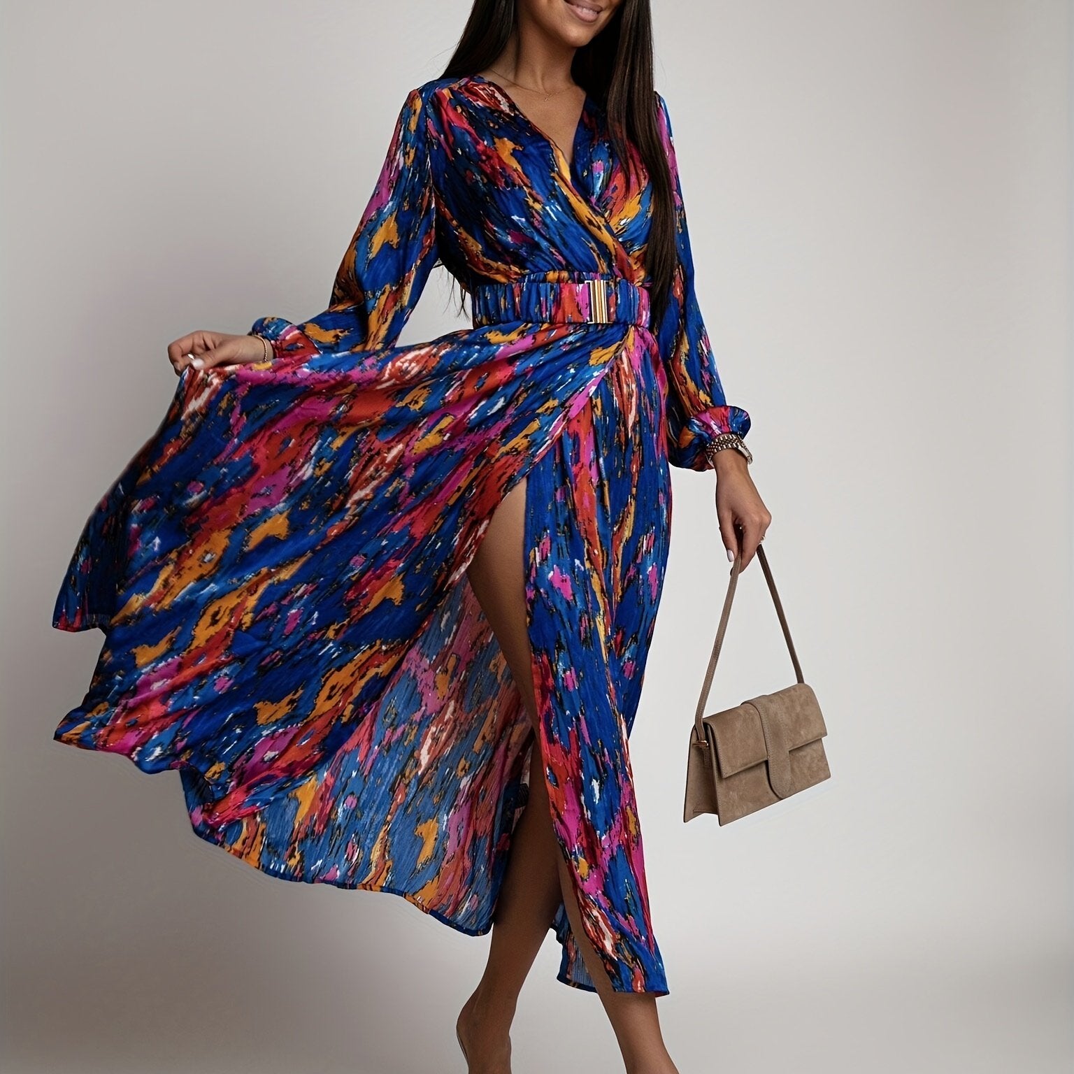 Boho Surplice Neck Maxi Dress Long Sleeve