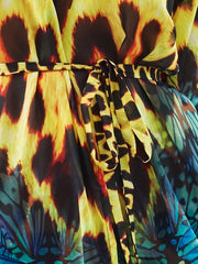 Leopard Butterfly Print Cover Up Dress V Neck Chiffon Beach Kaftan