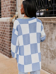 Checkerboard Print Cardigan Long Sleeve Open Front