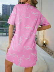 Heart & Note Print NightDress Short Sleeve Crew Neck Pajama Dress