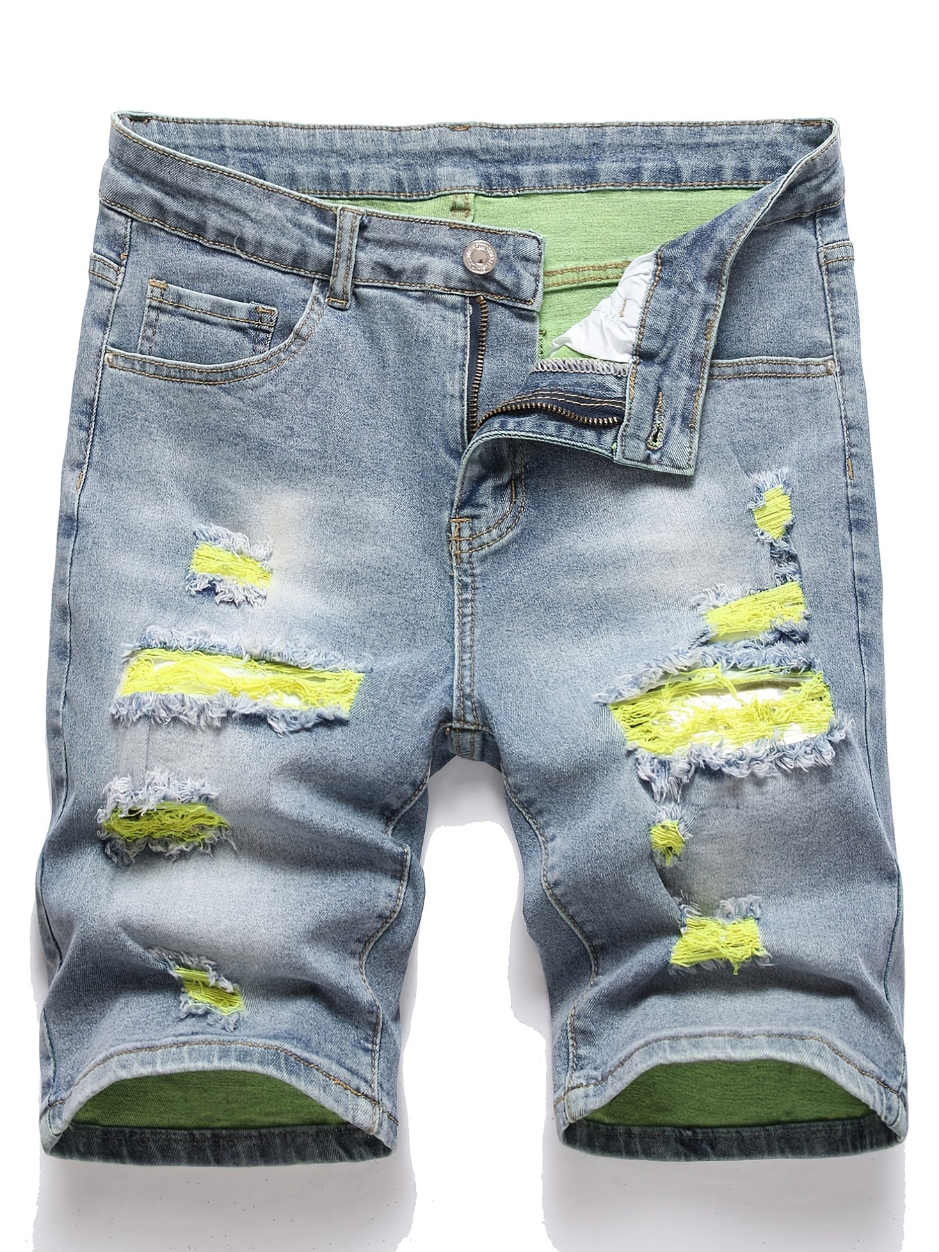 Yellow Green Mid Stretch Denim Shorts Men's Casual Street Style