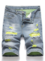 Yellow Green Mid Stretch Denim Shorts Men's Casual Street Style
