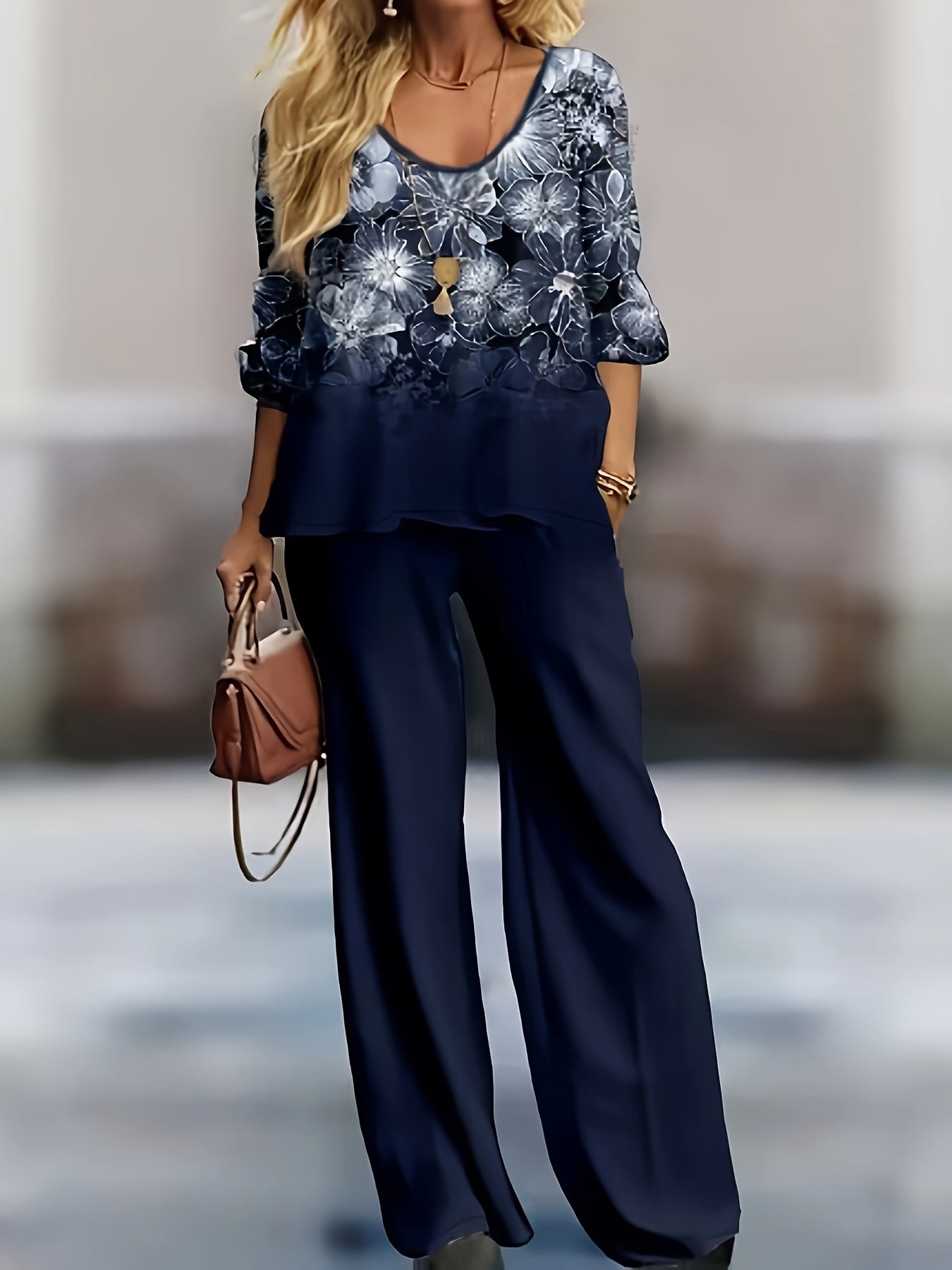 Women's Plus Floral Print Long Sleeve Top & Loose Pants Set