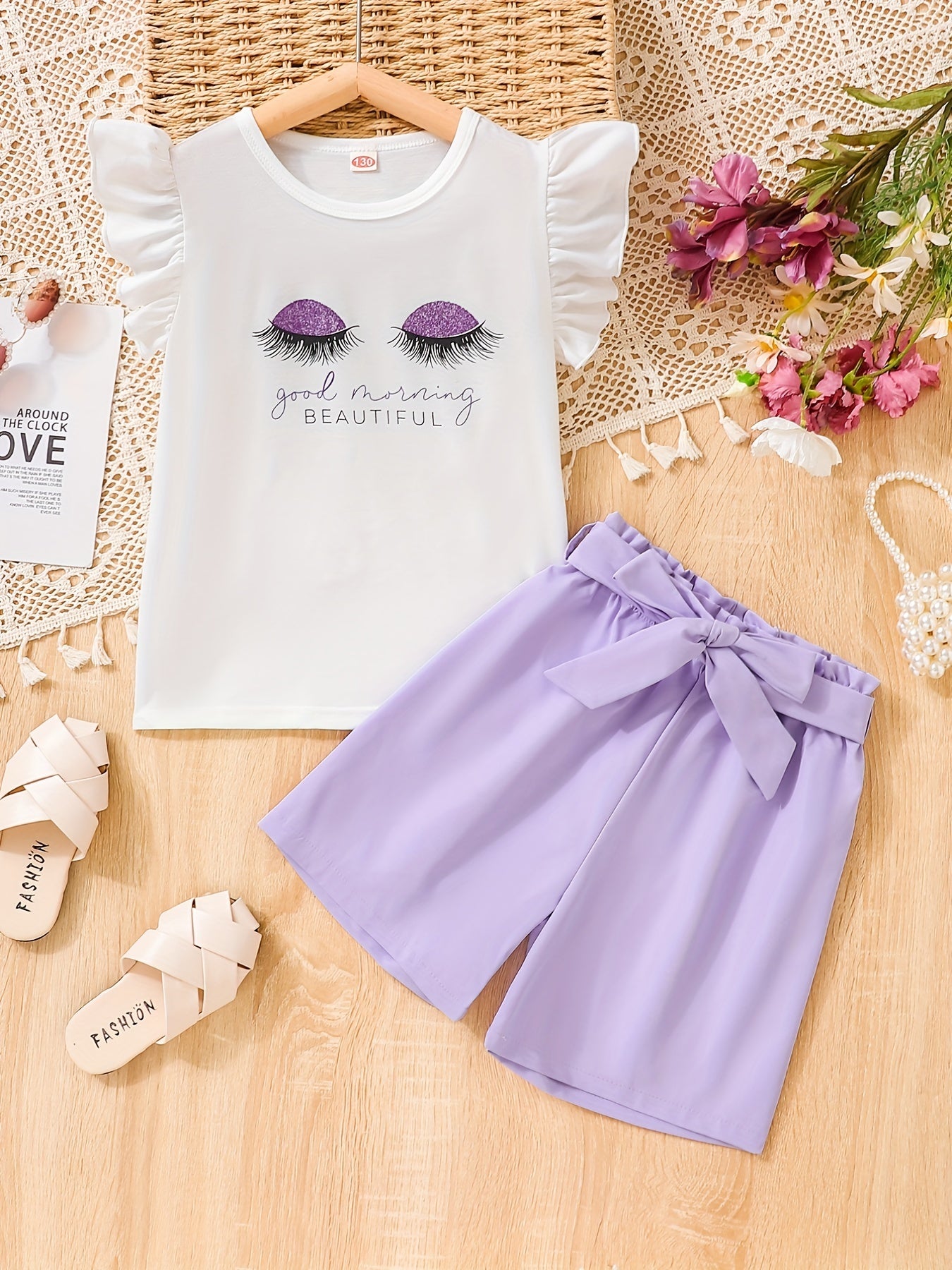 2pcs Girls Eyelash Ruffle Sleeves Top & Shorts Set Kids Summer Clothes