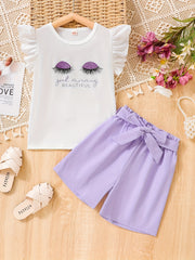 2pcs Girls Eyelash Ruffle Sleeves Top & Shorts Set Kids Summer Clothes