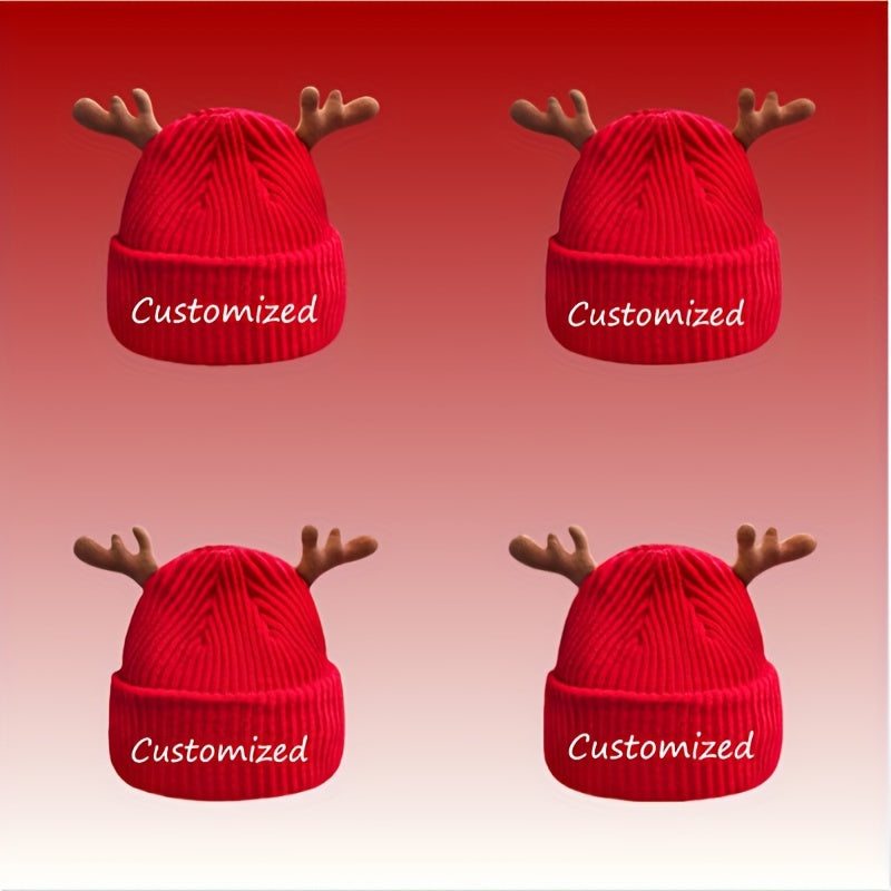 Personalized Christmas Red Knit Beanie Hat with Deer Antlers