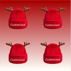 Personalized Christmas Red Knit Beanie Hat with Deer Antlers