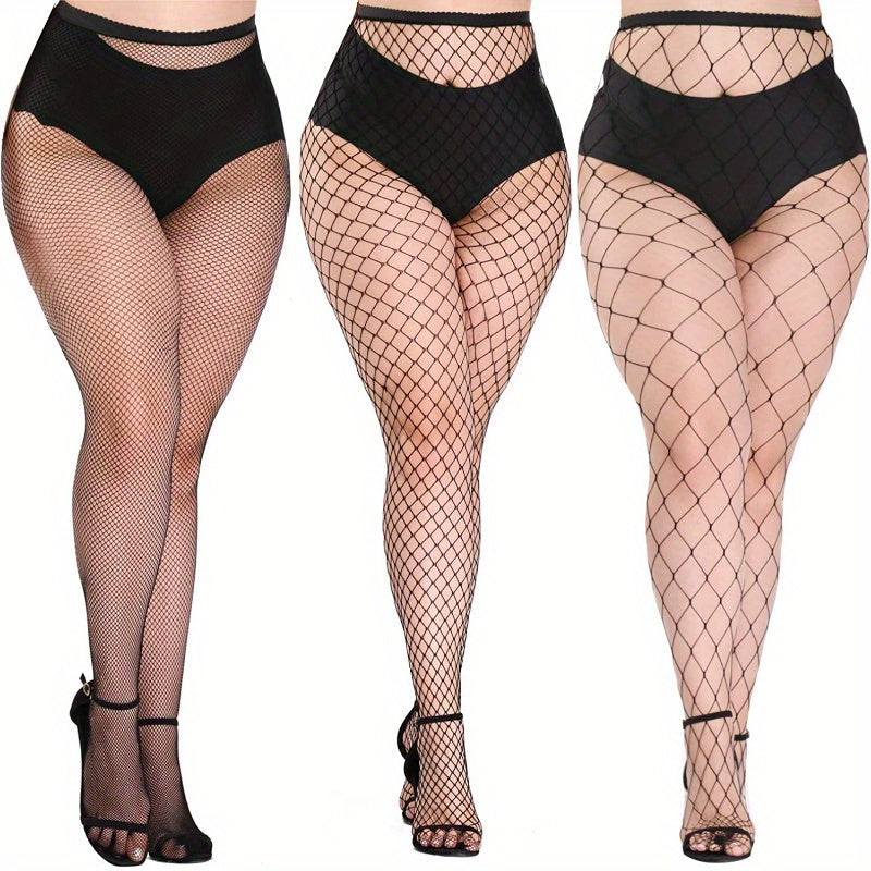 3 Pairs Plus Size Sexy Stockings Set Solid Hollow Out Fishnet Tights