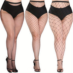 3 Pairs Plus Size Sexy Stockings Set Solid Hollow Out Fishnet Tights