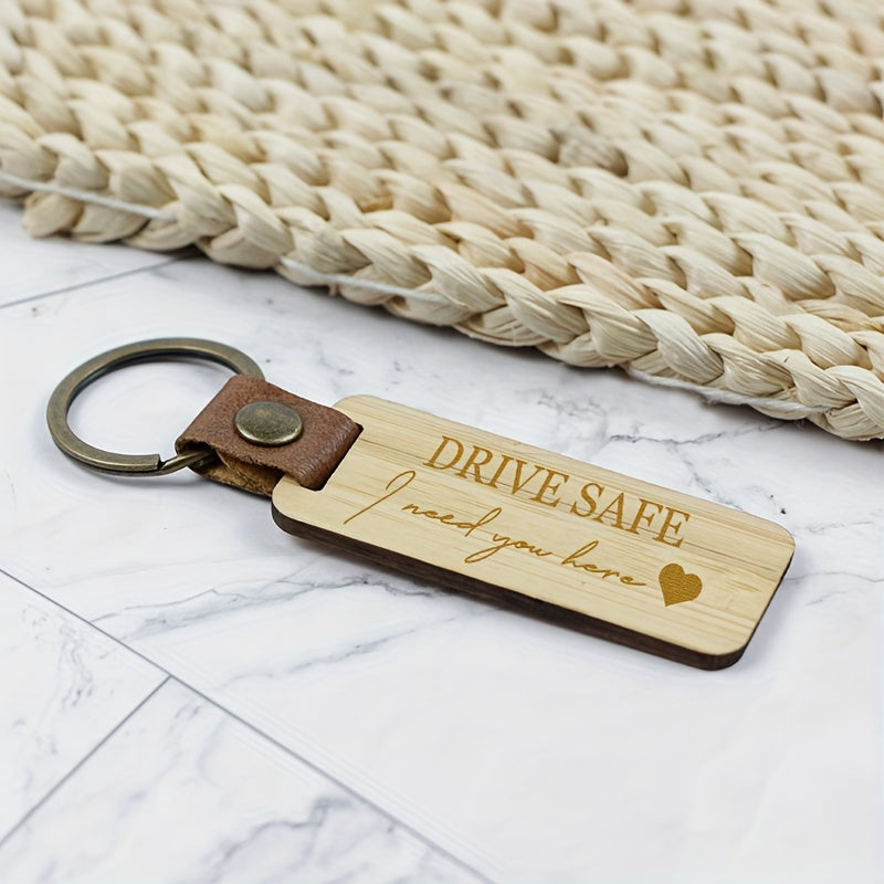 Bamboo Keychain PU Leather Keyring Pendant Family Gift