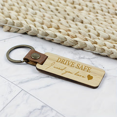 Bamboo Keychain PU Leather Keyring Pendant Family Gift