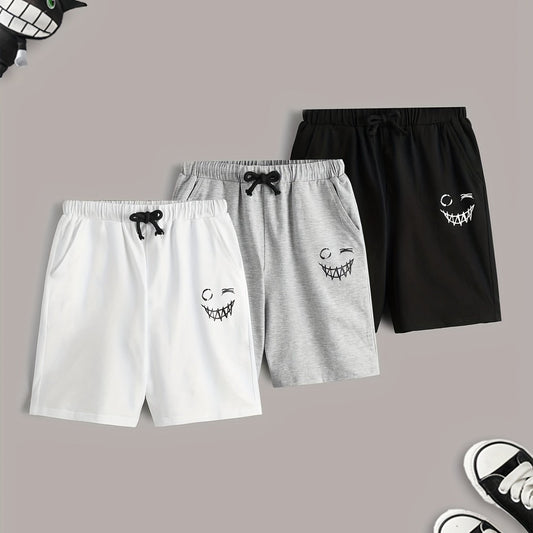 3pcs Smiling Print Boys Quick Drying Shorts for Summer Outdoor
