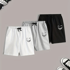 3pcs Smiling Print Boys Quick Drying Shorts for Summer Outdoor