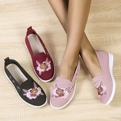 Women's Floral Embroidery Slip-On Flats Breathable Knitted Shoes