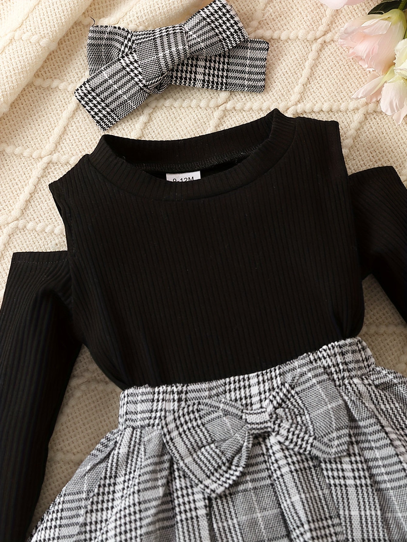 Baby Girls Preppy Style Outfit Long Sleeve Top Plaid Bow Skirt Set