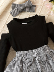 Baby Girls Preppy Style Outfit Long Sleeve Top Plaid Bow Skirt Set