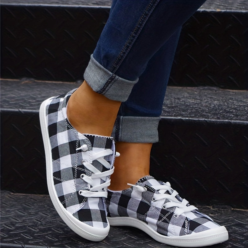 Women's Plaid Canvas Shoes Lace Up Flat Sneakers Lightweight Low Top