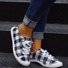 Women's Plaid Canvas Shoes Lace Up Flat Sneakers Lightweight Low Top