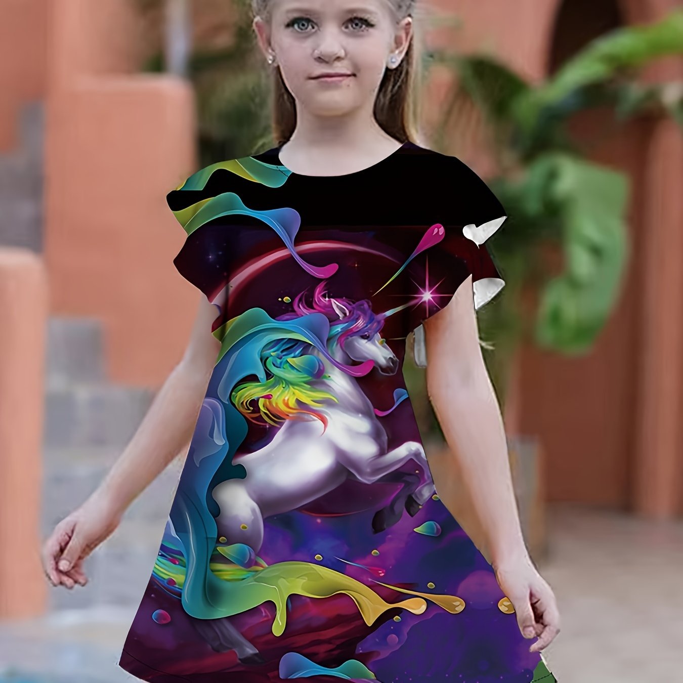 Girls 3D Unicorn Print Short Sleeve Dress For Summer Outdoor Gift