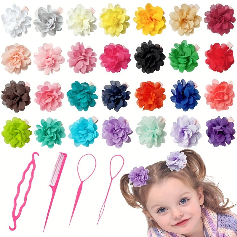 32pcs Colorful Flower Hair Clips & Hair Comb Accessories Set for Girls