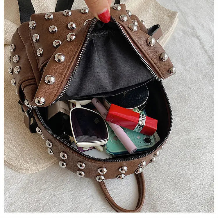 9 Inch Women Backpack with Rivets, Pu Travel Bag