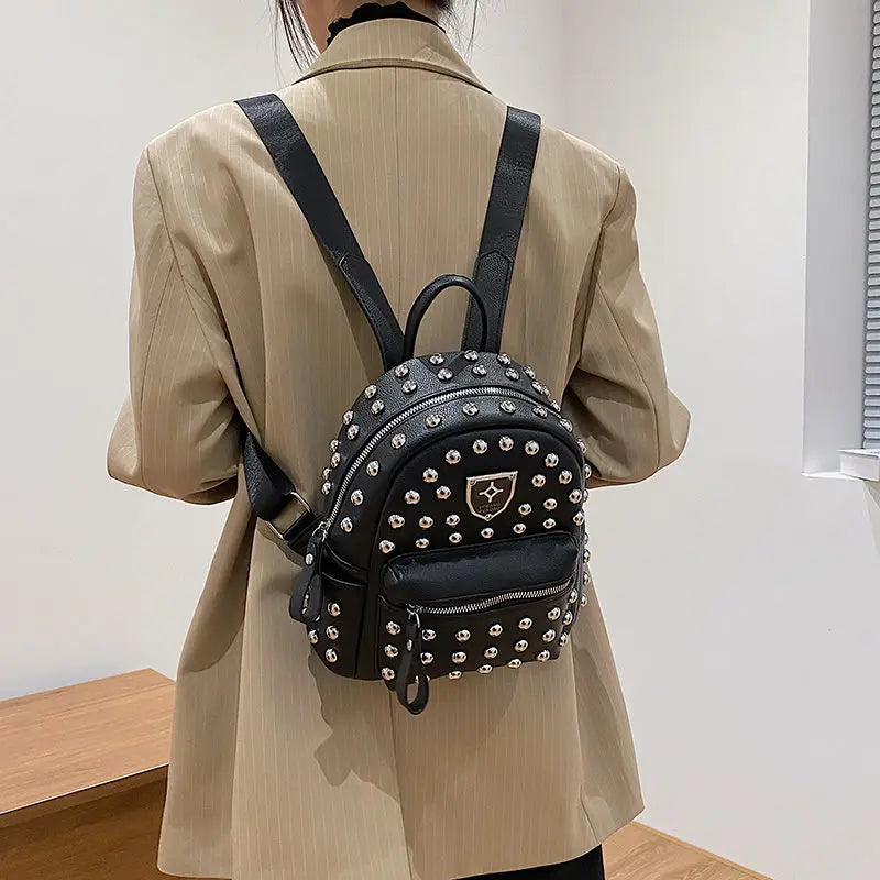9 Inch Women Backpack with Rivets, Pu Travel Bag