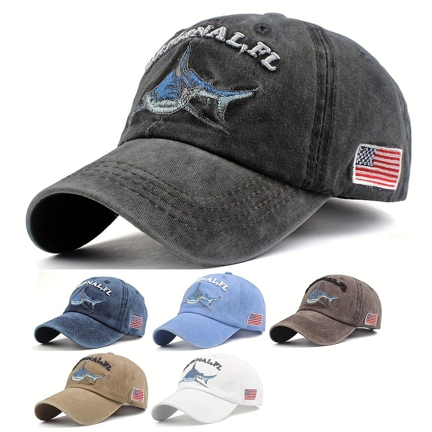 Distressed Shark Embroidery Baseball Cap Vintage Sun Hat