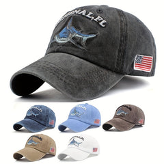 Distressed Shark Embroidery Baseball Cap Vintage Sun Hat
