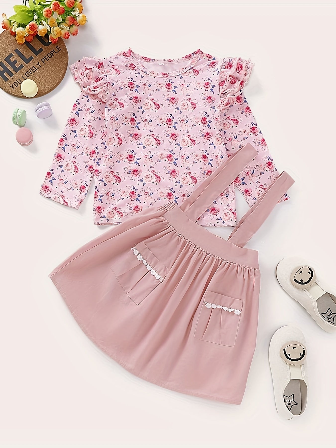 Girls Floral Print Top & Suspender Short Skirt Set