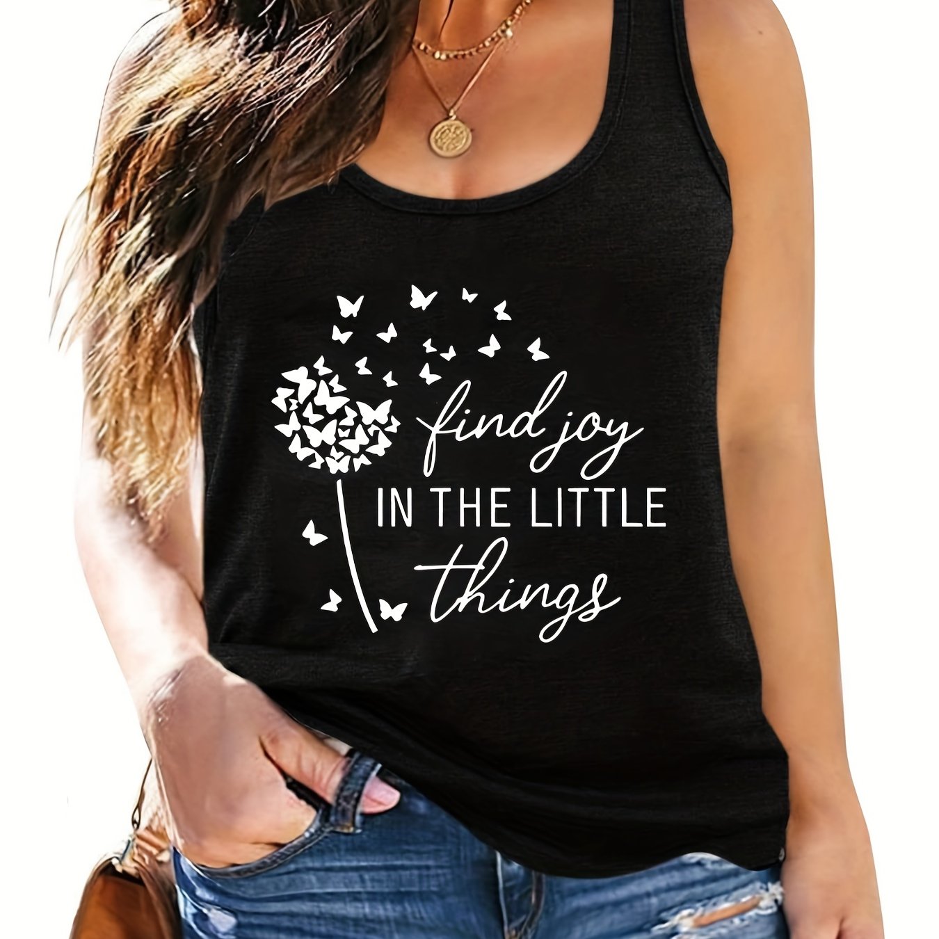 Dandelion & Slogan Print Stretch Tank Top