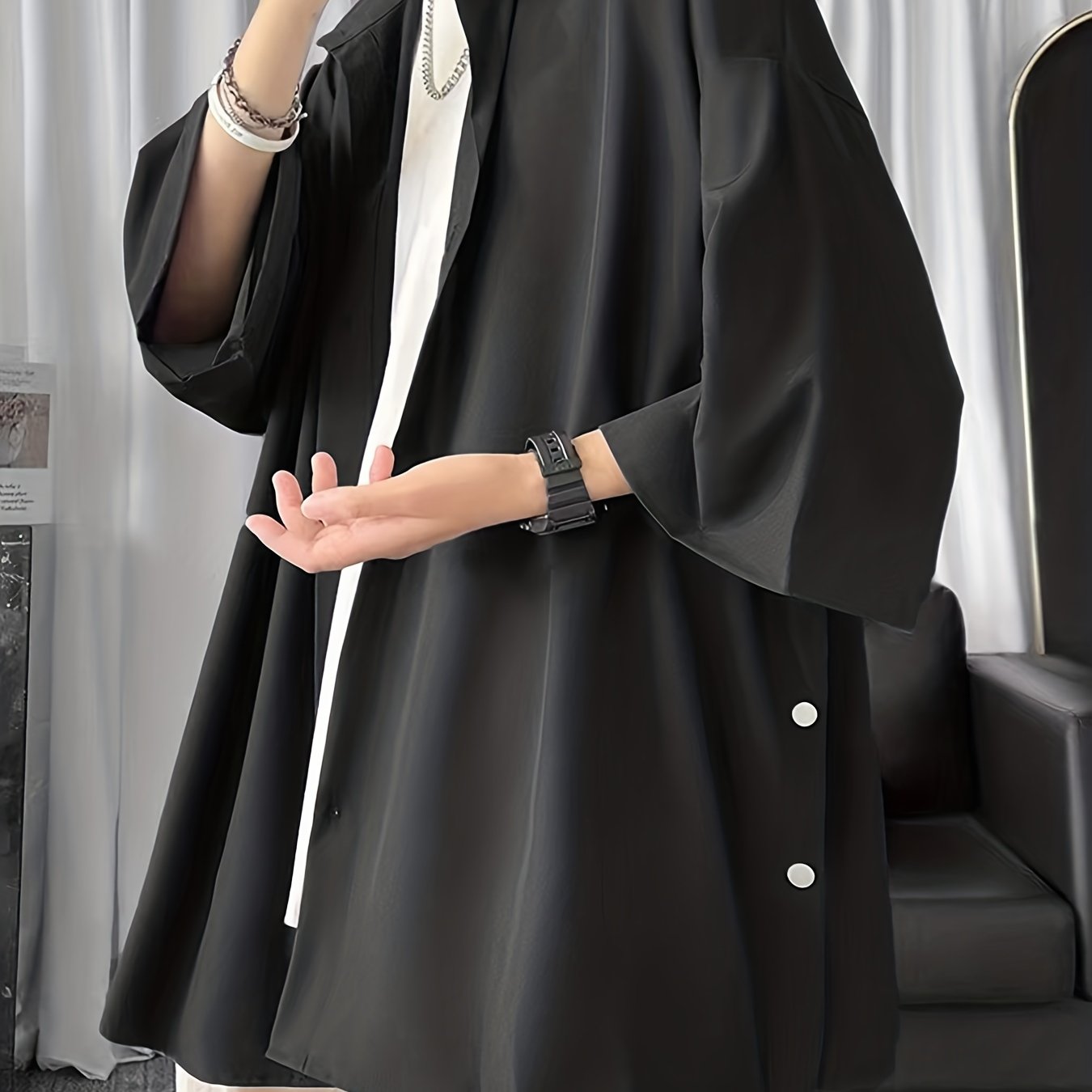 Men's Casual Shirt with Side Slit and 3/4 Sleeves Regular Fit Solid Male Top