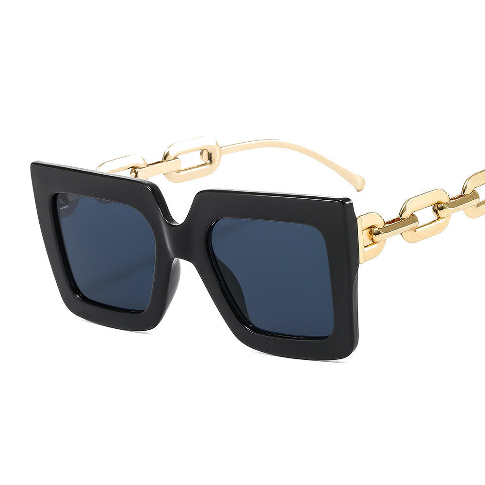Oversized Square Sunglasses Metal Chain Temple UV Protection