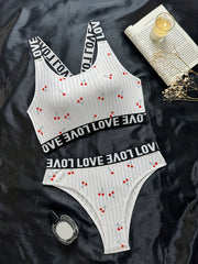 Cherry Print Bra & Panties Set Women's Lingerie