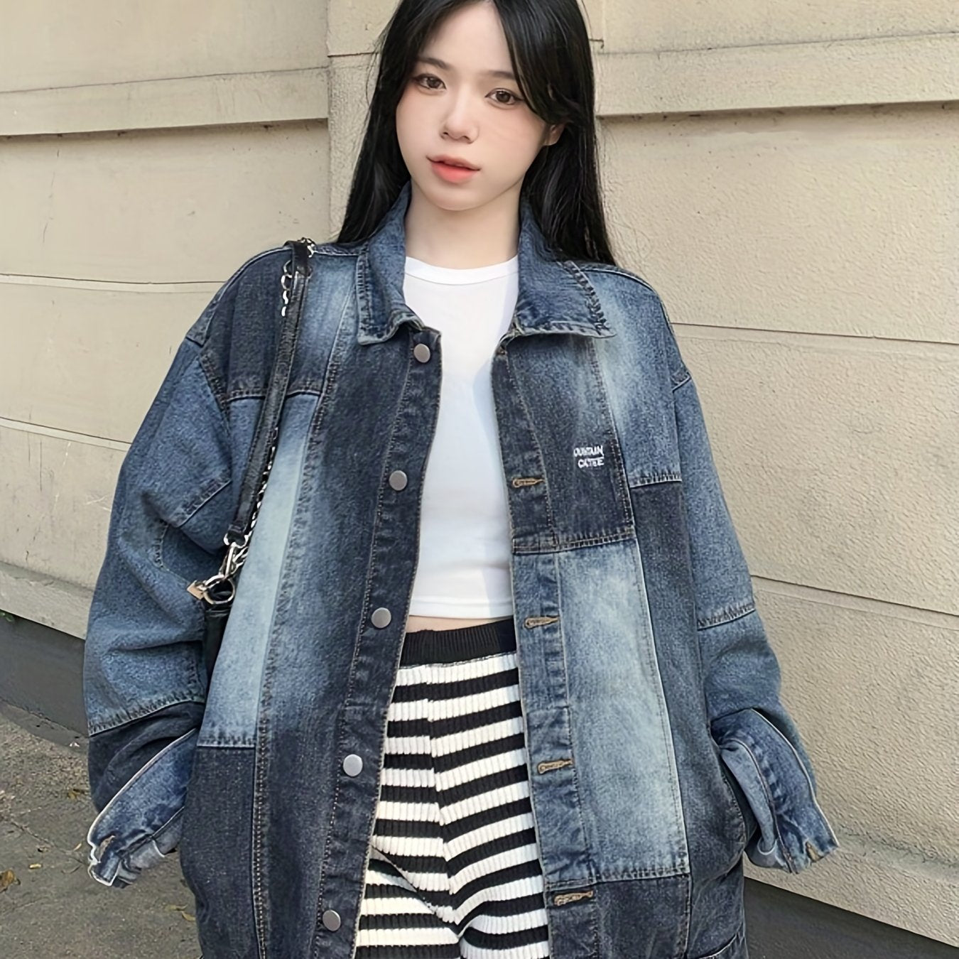 Women's Patchwork Lapel Denim Jacket Loose Fit Retro Style Coat