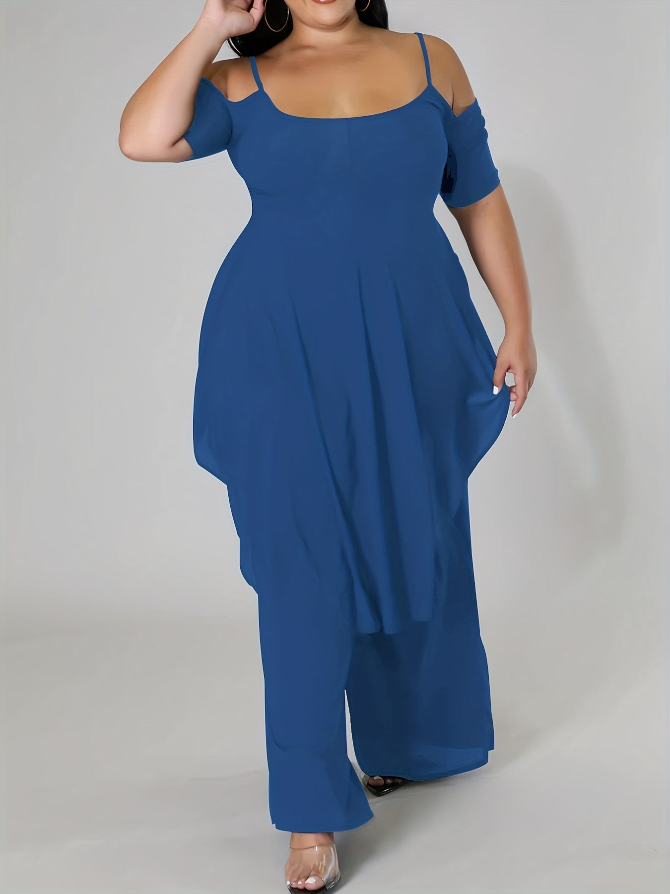 Cold Shoulder Top & Wide Leg Pants Set Plus Size 2pcs Set