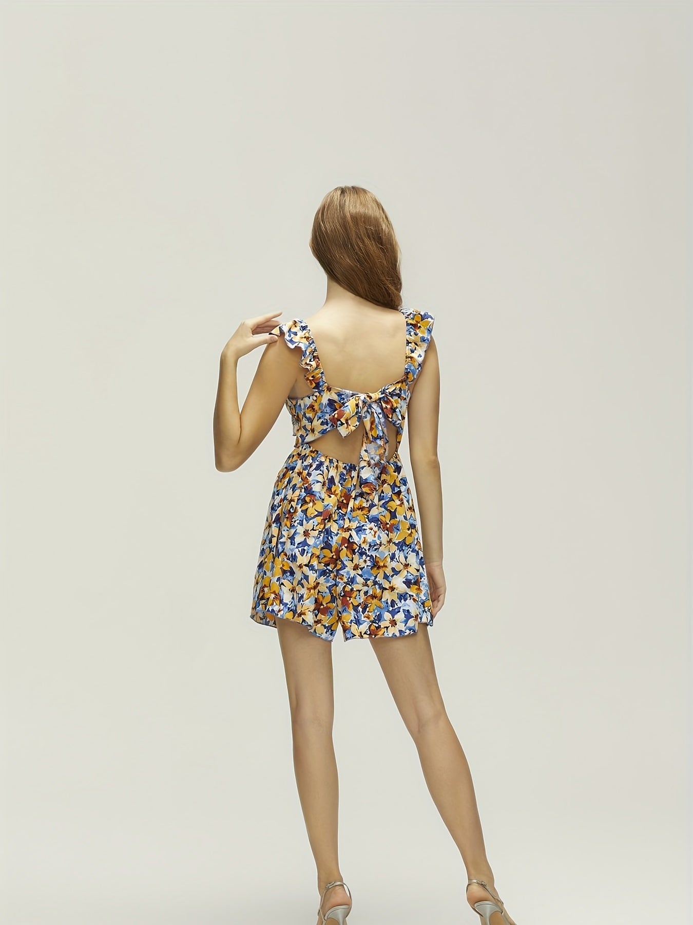 Floral Print Sleeveless Romper Jumpsuit Boho Ruffle Trim Tie Back