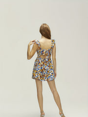 Floral Print Sleeveless Romper Jumpsuit Boho Ruffle Trim Tie Back