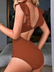 V Neck Ruched One Piece Swimsuit Cut Out Back High Cut Bathing Suit