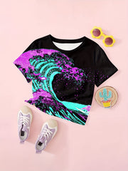 Sea Wave Print Short Sleeve T shirt Girls Comfy Pullover