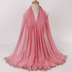 Leaf Embroidery Hijab Lace Chiffon Scarf Solid Thin Breathable Shawl