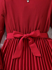 Girls Mock Neck Belted Long Sleeve Knit Top Pleated Dress