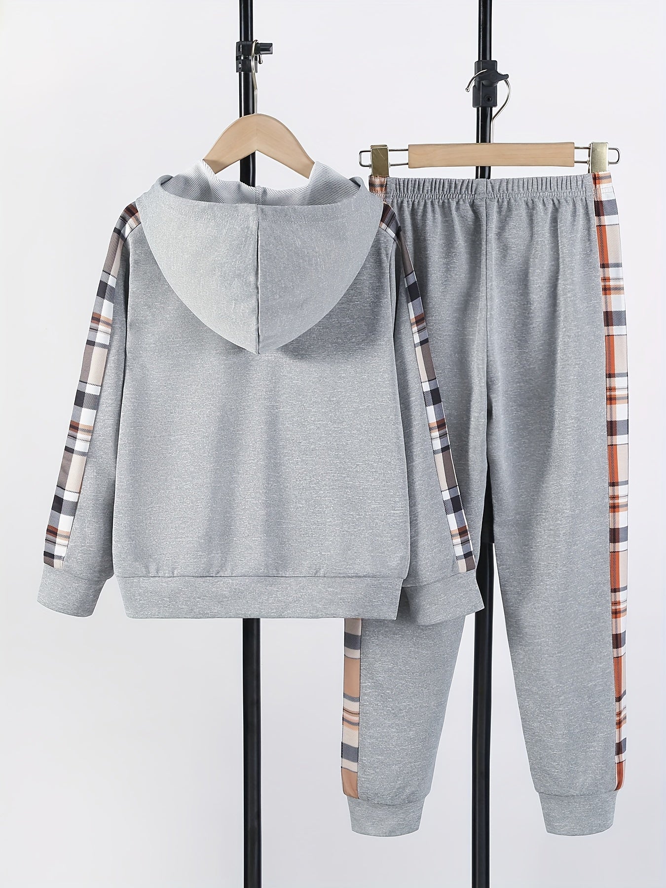 Boy's Stylish Hooded Jacket & Pants Set Zip Up Plaid Patched Outfits