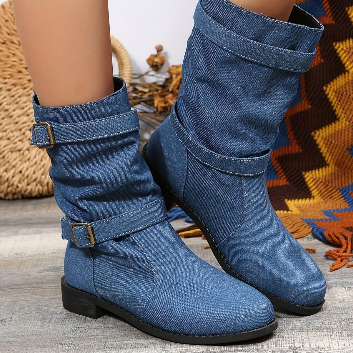 Women's Denim Chunky Heel Boots Slip On Dress Boots