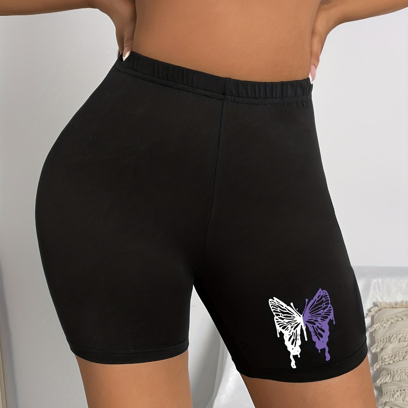 Butterfly Print Slim Shorts Casual Elastic High Waist Workout Shorts