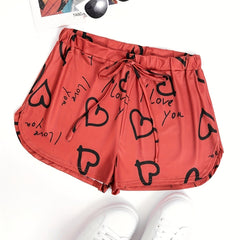 Heart Print Drawstring Shorts for Women