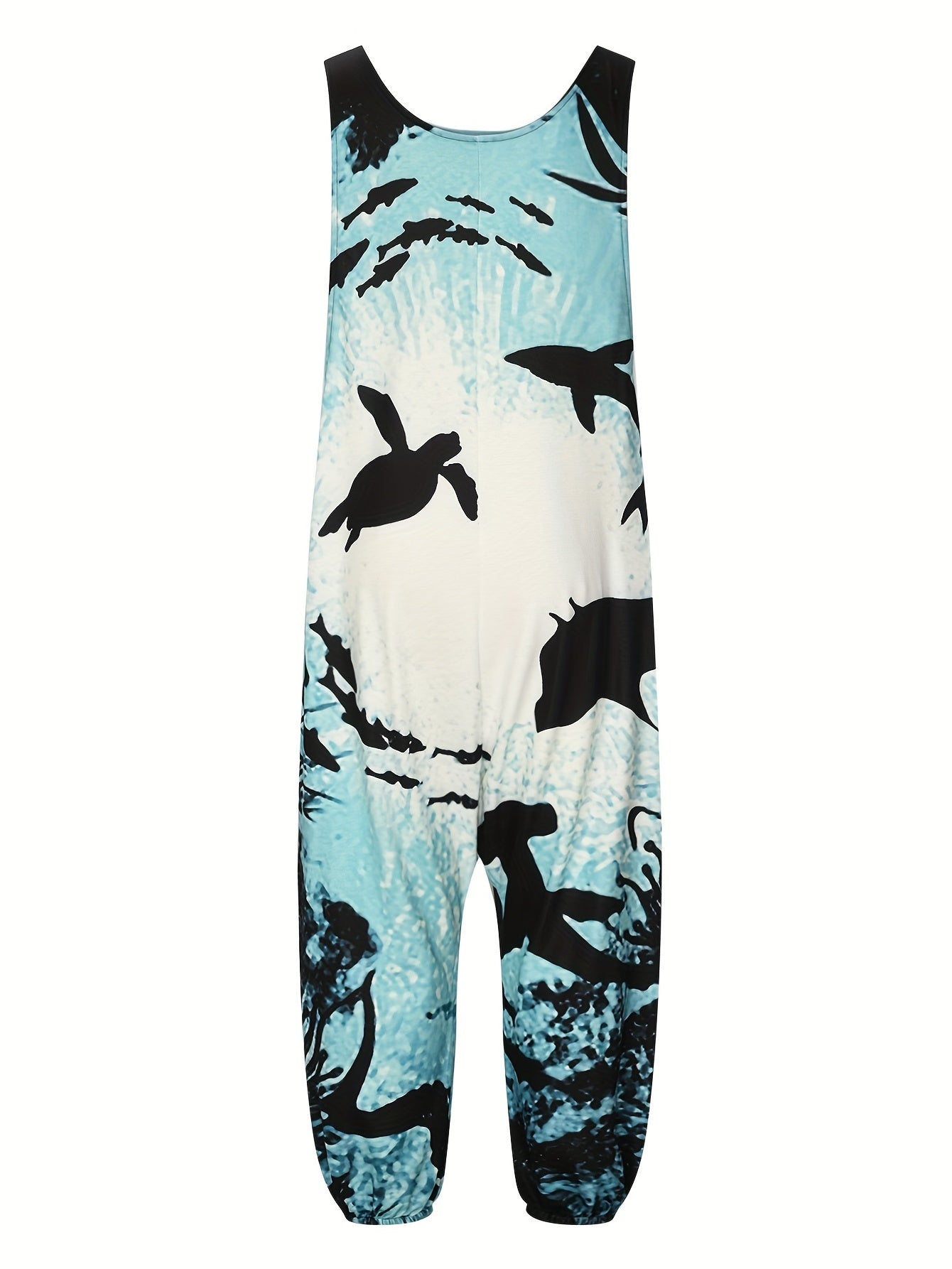Ocean Fish Print Round Neck Wide Leg Jumpsuit