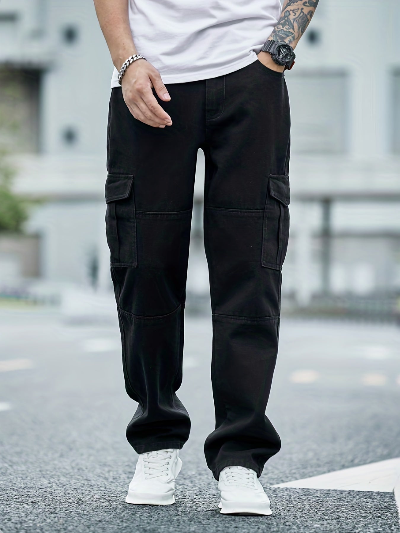 Men's Loose Fit Flap Pocket Jeans Casual Denim Pants